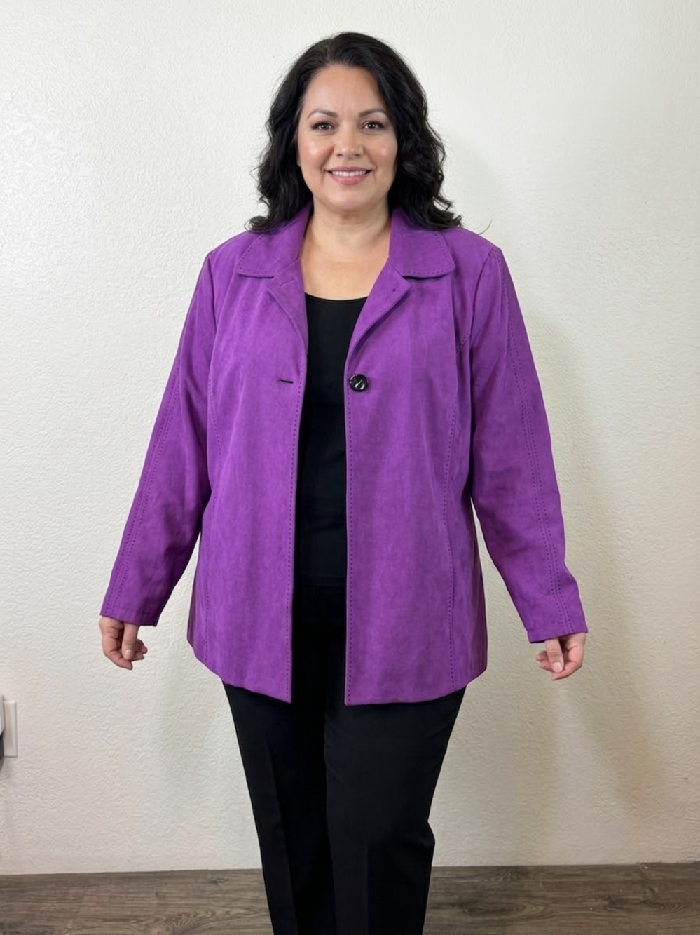 Maggie Barnes Jacket Womens 3X Purple Faux Suede Leopard Lined Button Front
